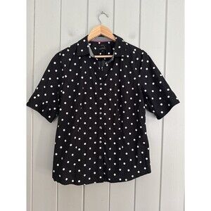 Talbots Non-Iron Button Down Shirt 12 Short Sleeve Black White Polka Dot Collar